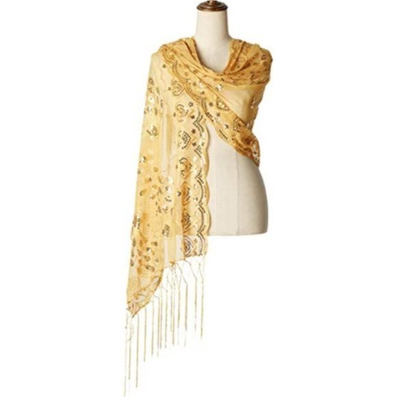 Accessories - SEQUINED Peacock Shawl Wraps Fringed Evening Cape, Gold